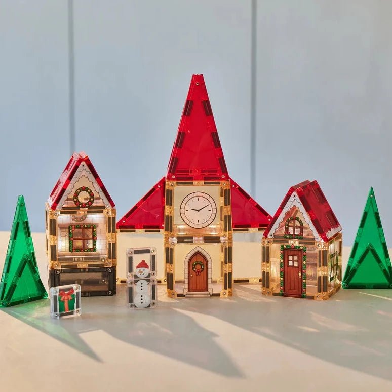 CLEVERCLIXX Adventskalender Weihnachtsdorf Magnetbausteine mit Licht, 46 Teile - wunderwunsch