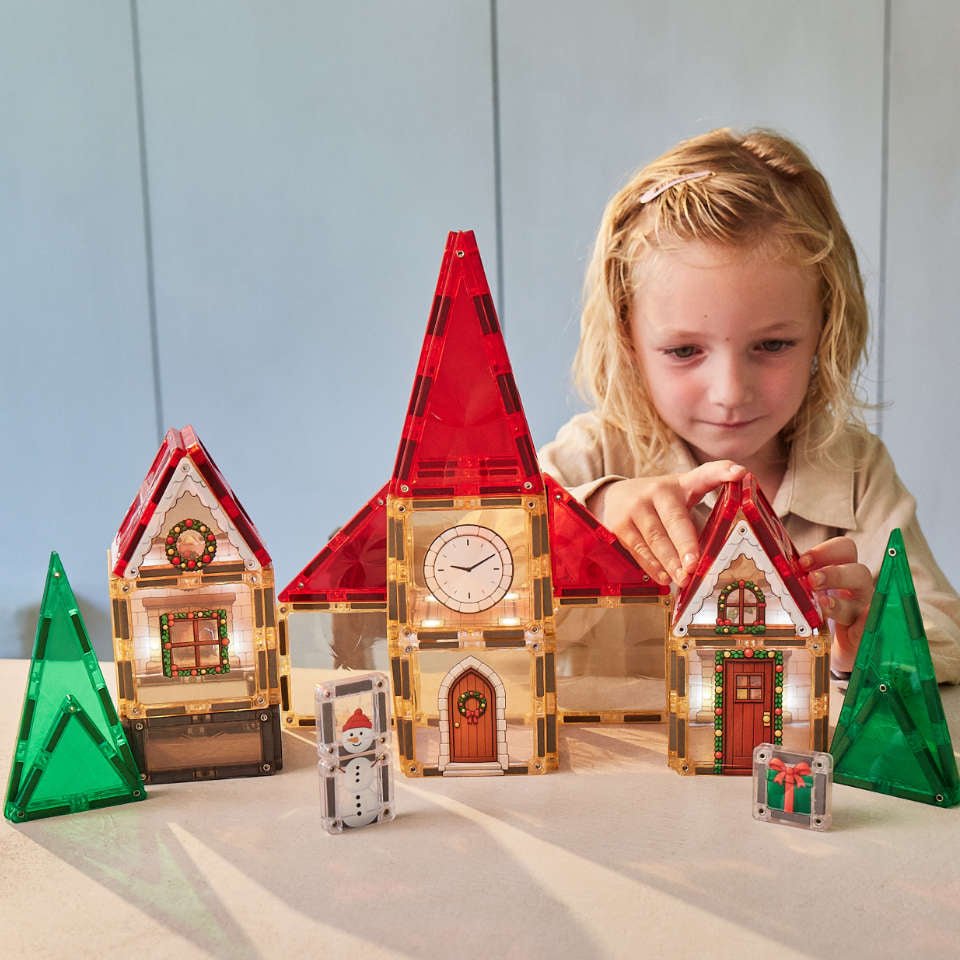 CLEVERCLIXX Adventskalender Weihnachtsdorf Magnetbausteine mit Licht, 46 Teile - wunderwunsch