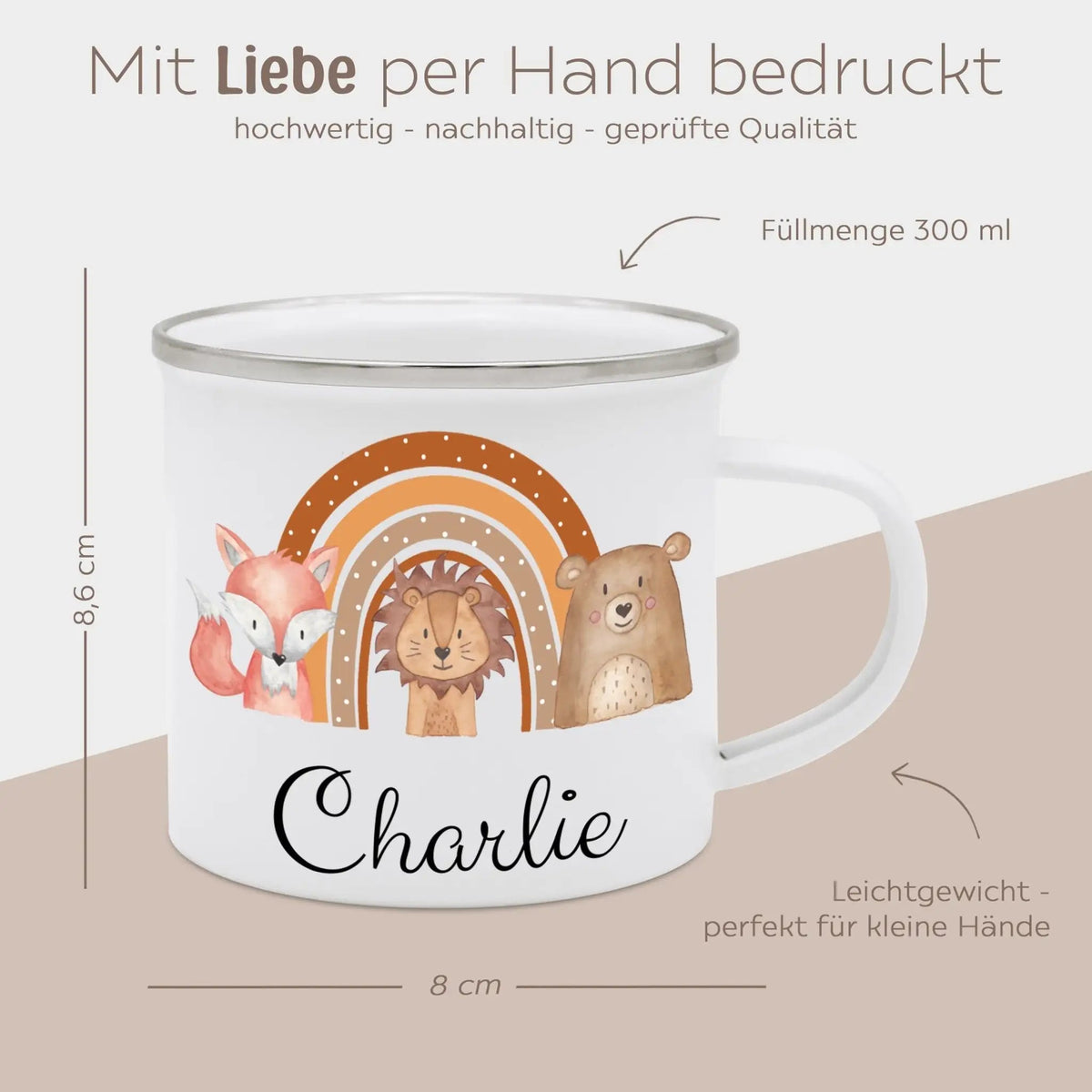 Emaille Kindertasse personalisiert - Fuchs, Löwe, Bär Regenbogen Aquarell - wunderwunsch