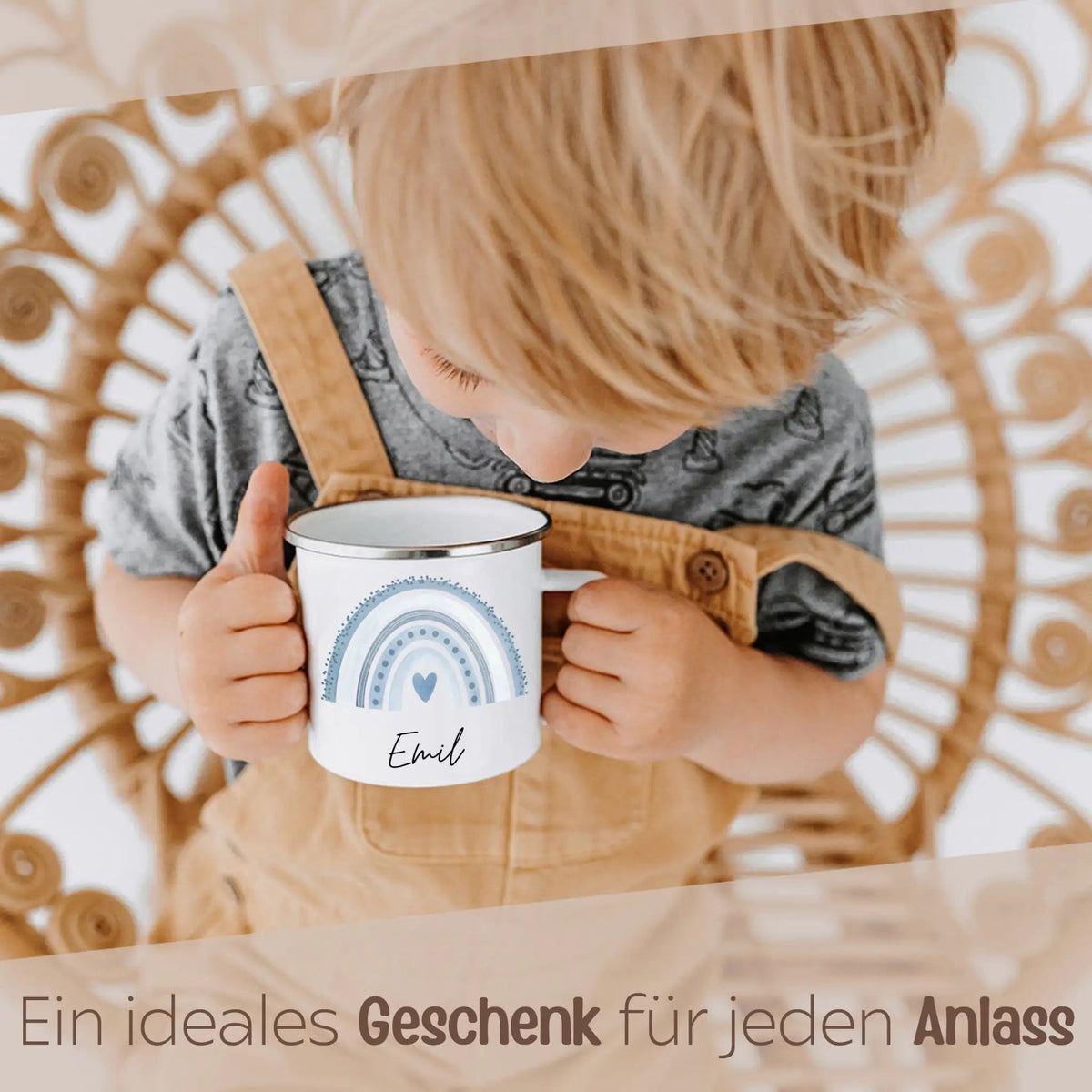 Emaille Kindertasse personalisiert - Regenbogen Punkte Aquarell - wunderwunsch