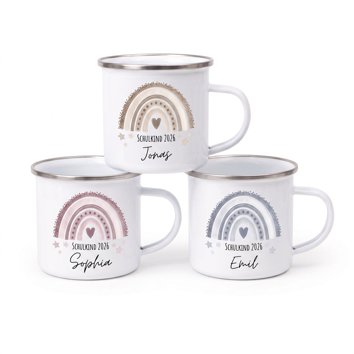 Emaille Kindertasse personalisiert - "Schulkind 2026" Regenbogen Punkte Aquarell - wunderwunsch