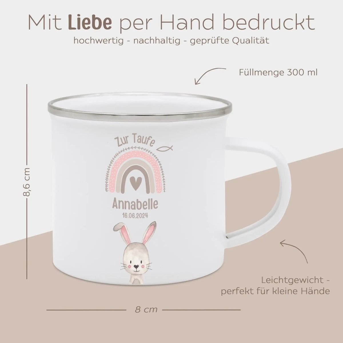 Emaille Kindertasse personalisiert - Taufe Tier Regenbogen - wunderwunsch