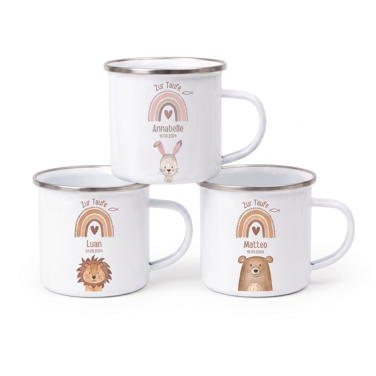 Emaille Kindertasse personalisiert - Taufe Tier Regenbogen - wunderwunsch