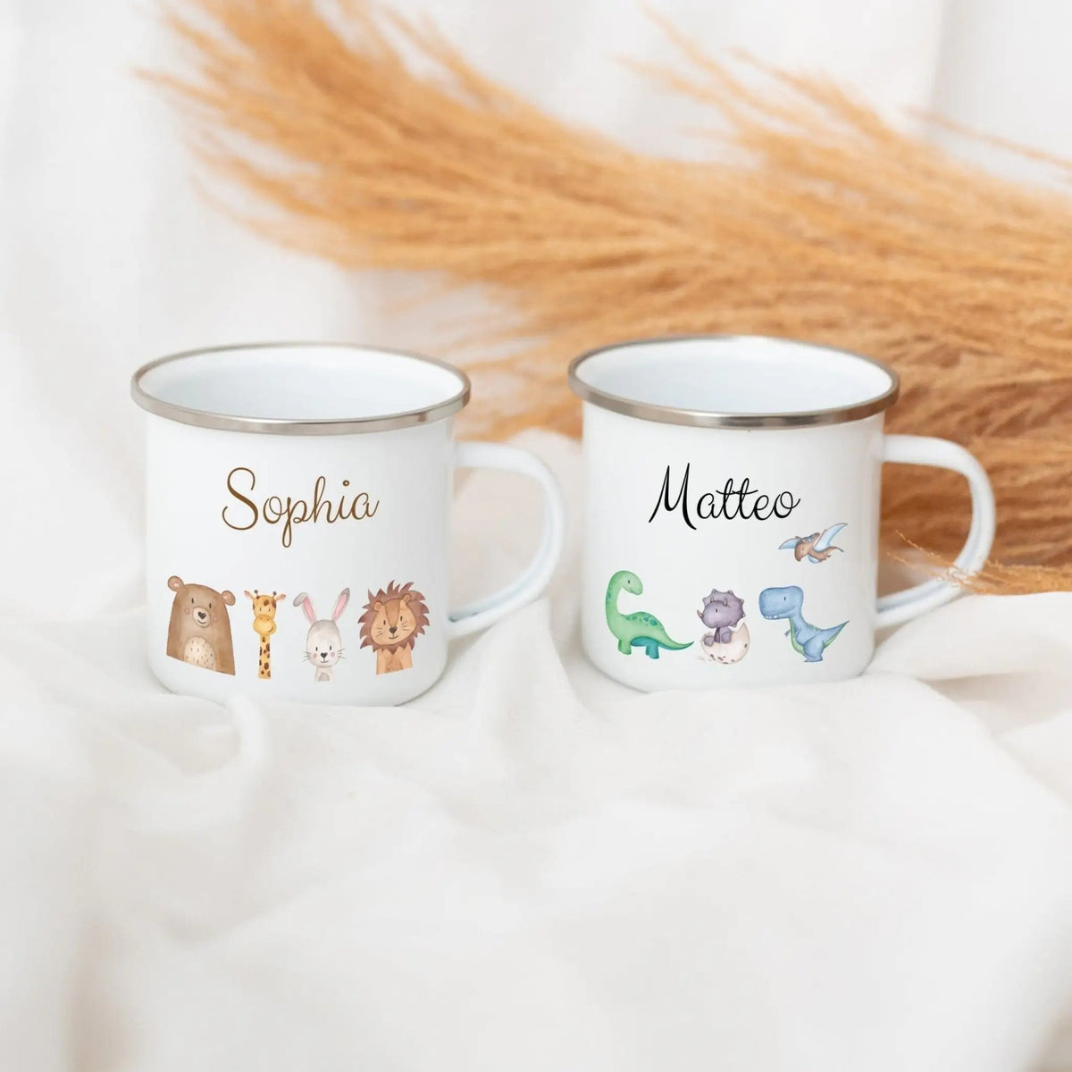 Emaille Kindertasse personalisiert - Tiere oder Dinos unten Aquarell - wunderwunsch