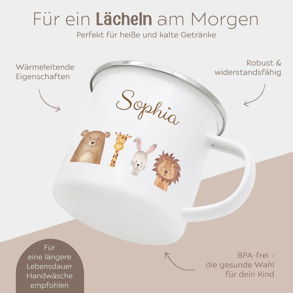 Emaille Kindertasse personalisiert - Tiere oder Dinos unten Aquarell - wunderwunsch