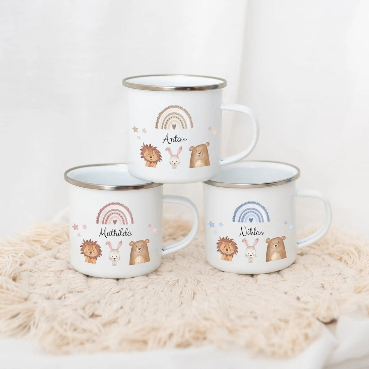 Emaille Kindertasse personalisiert - Tiere Trio Regenbogen Sterne - wunderwunsch