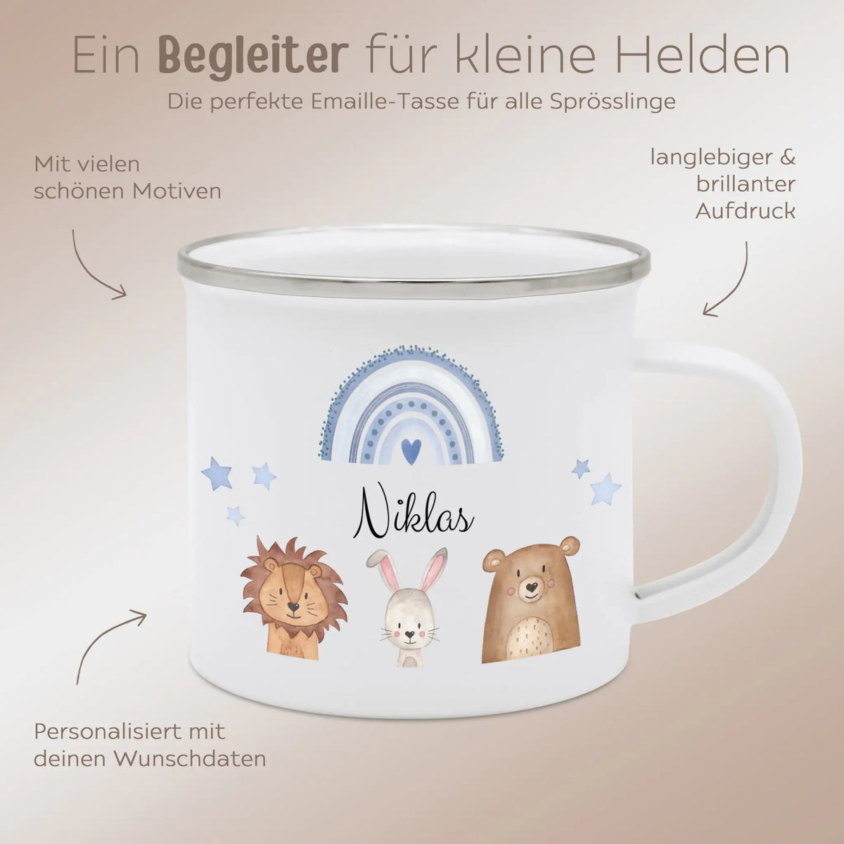 Emaille Kindertasse personalisiert - Tiere Trio Regenbogen Sterne - wunderwunsch