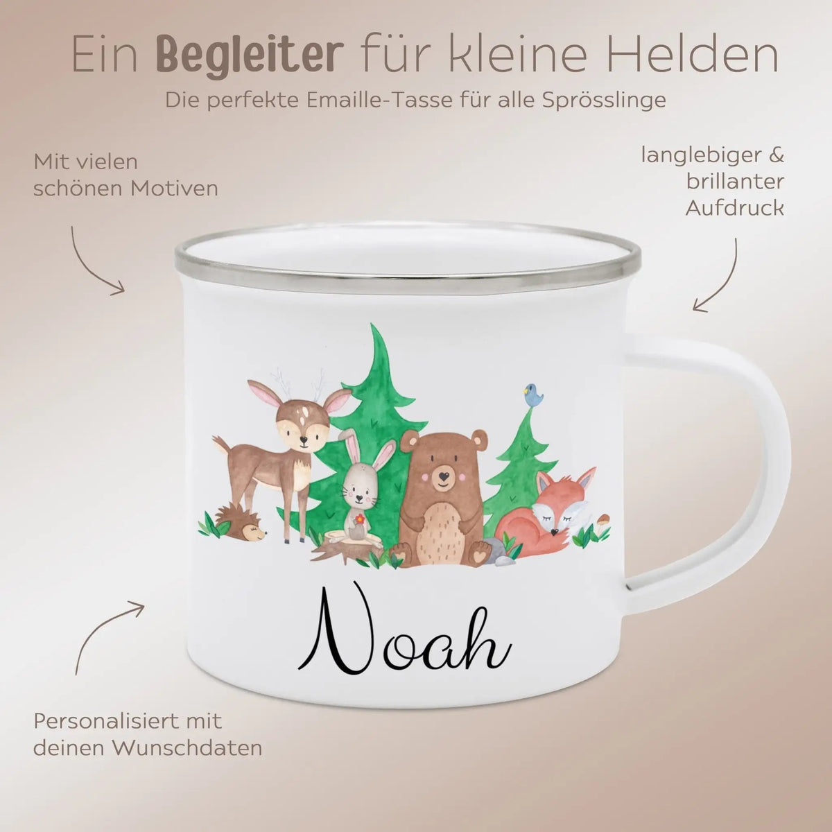 Emaille Kindertasse personalisiert - Waldfreunde Aquarell - wunderwunsch