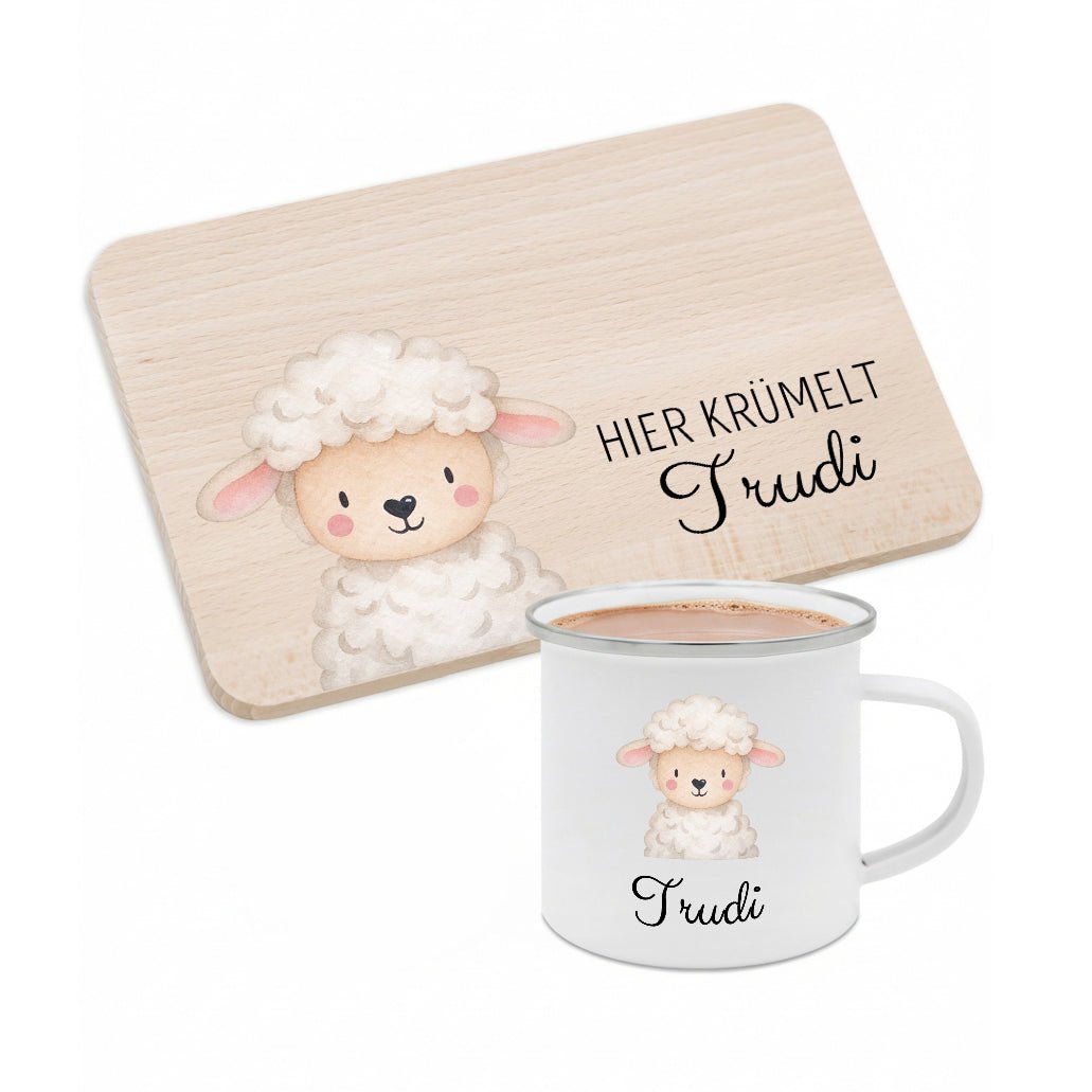Frühstücks Bundle - Frühstücksbrettchen + Emaille Tasse personalisiert - Tier Aquarell - wunderwunsch