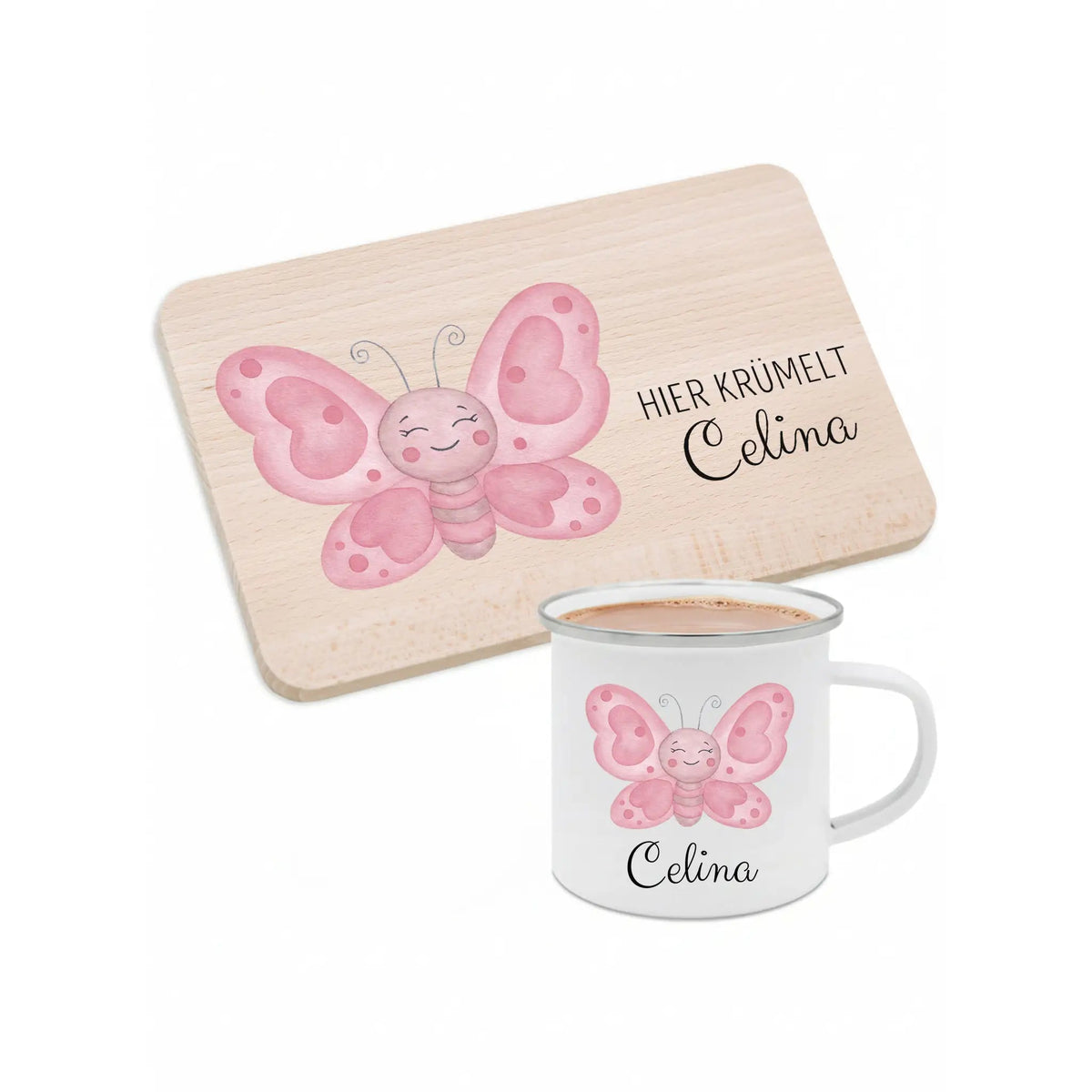 Frühstücks Bundle - Frühstücksbrettchen + Emaille Tasse personalisiert - Tier Aquarell - wunderwunsch