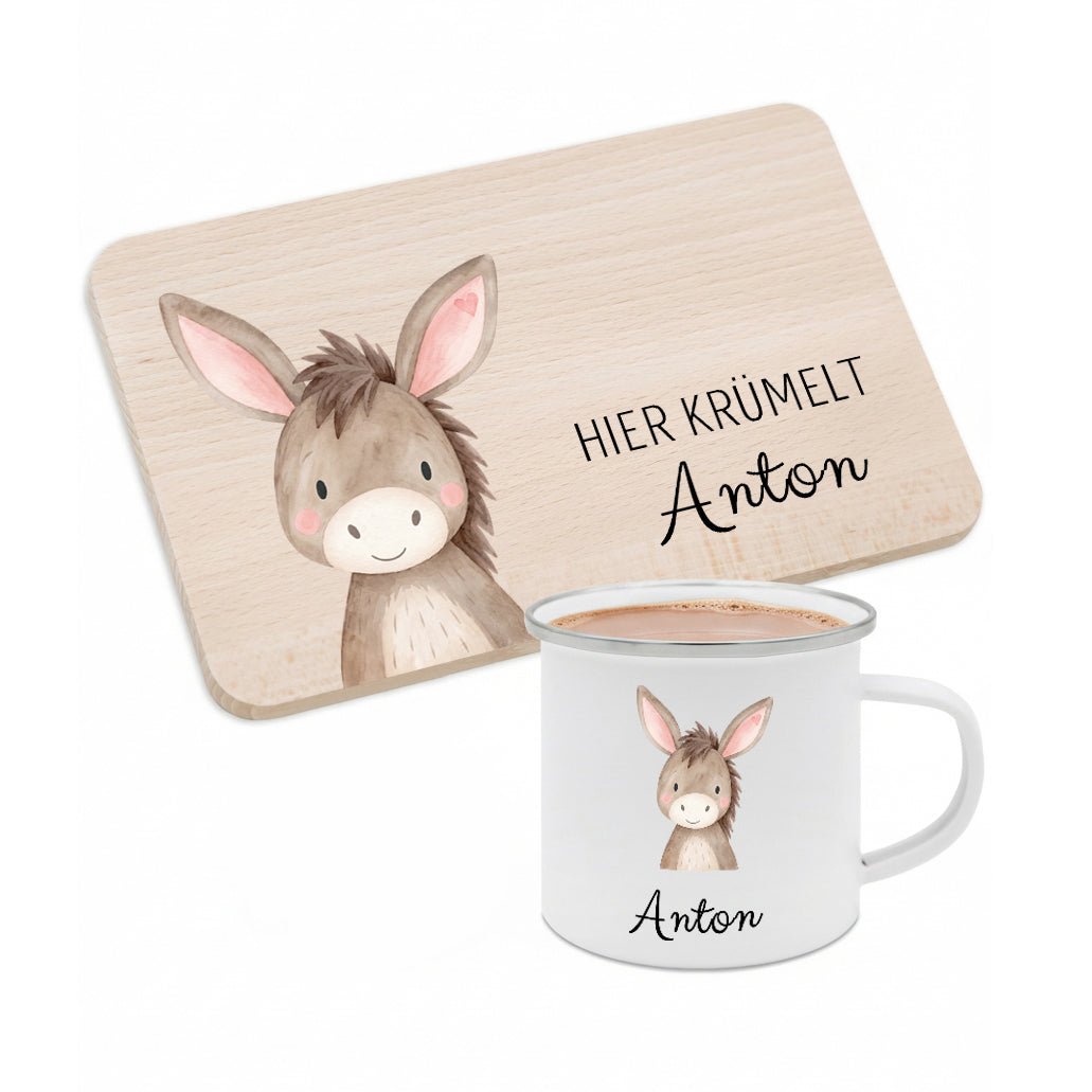 Frühstücks Bundle - Frühstücksbrettchen + Emaille Tasse personalisiert - Tier Aquarell - wunderwunsch