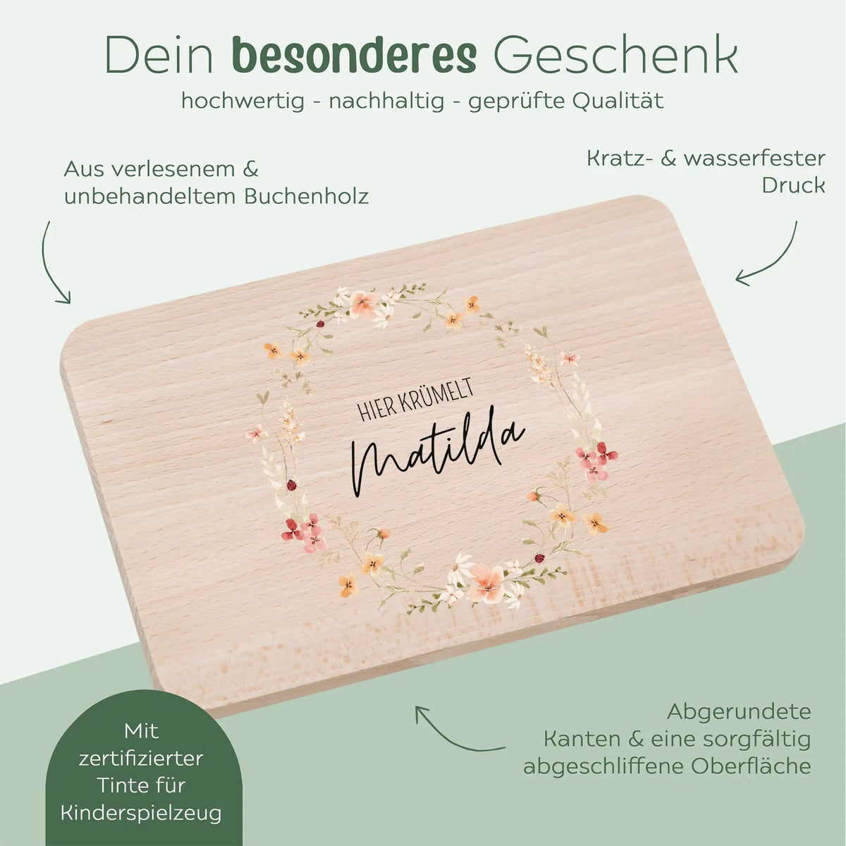 Frühstücksbrettchen personalisiert - Blumenkranz Aquarell - wunderwunsch