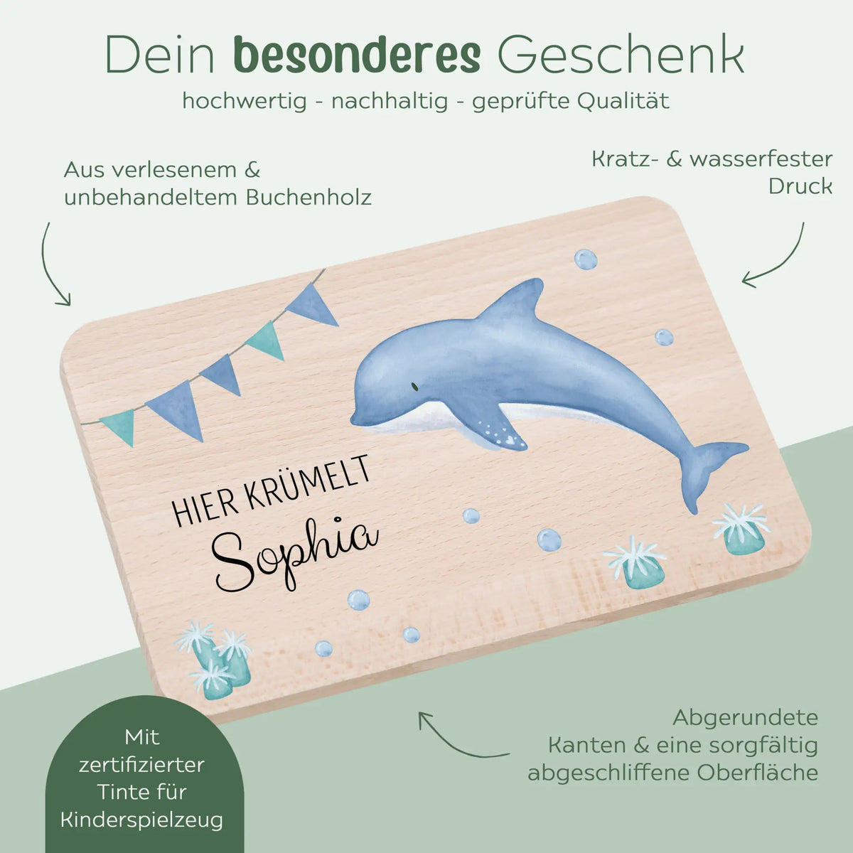 Frühstücksbrettchen personalisiert - Meerestier Girlande Aquarell - wunderwunsch