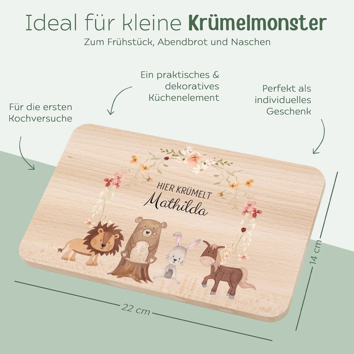 Frühstücksbrettchen personalisiert - Tiere Blumenkreis rosa Aquarell - wunderwunsch