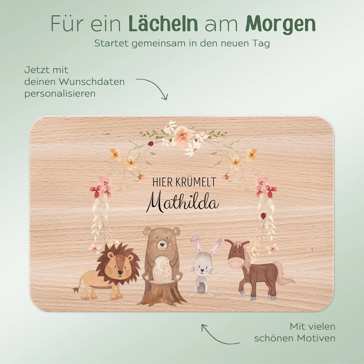 Frühstücksbrettchen personalisiert - Tiere Blumenkreis rosa Aquarell - wunderwunsch