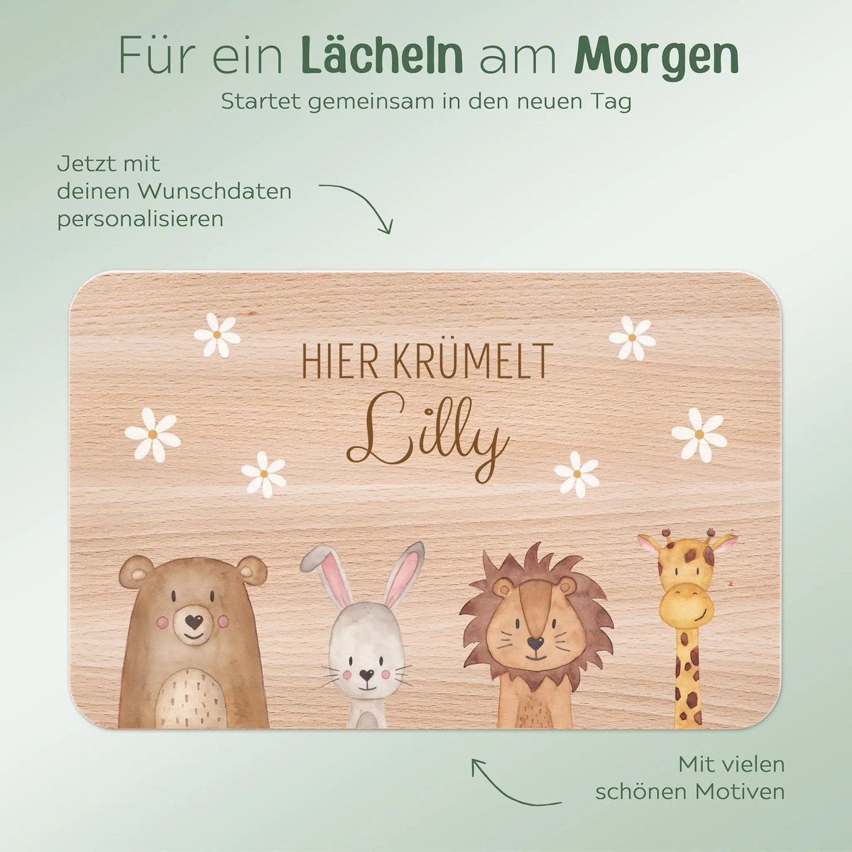 Frühstücksbrettchen personalisiert - Tiere unten Blümchen Aquarell - wunderwunsch