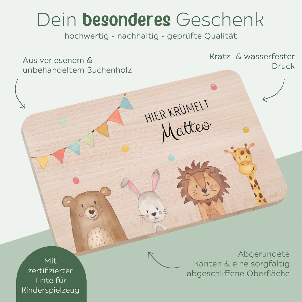 Frühstücksbrettchen personalisiert - Tiere unten Girlande Aquarell - wunderwunsch