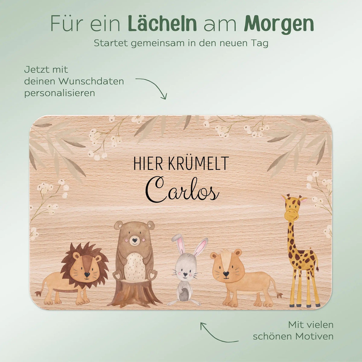 Frühstücksbrettchen personalisiert - Tiere Zweige beige Aquarell - wunderwunsch