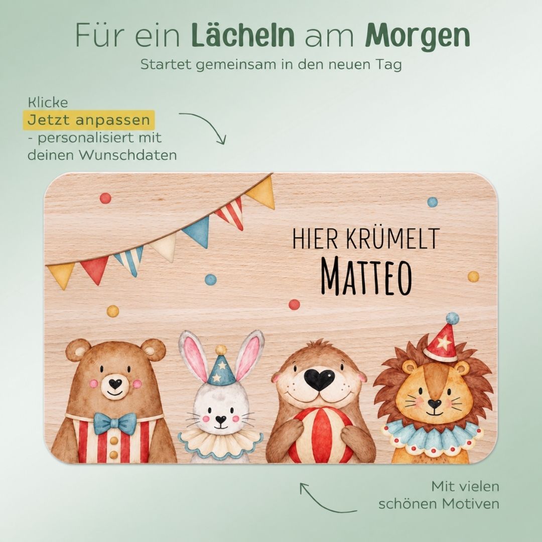 Frühstücksbrettchen personalisiert - Zirkustiere unten Girlande Aquarell - wunderwunsch