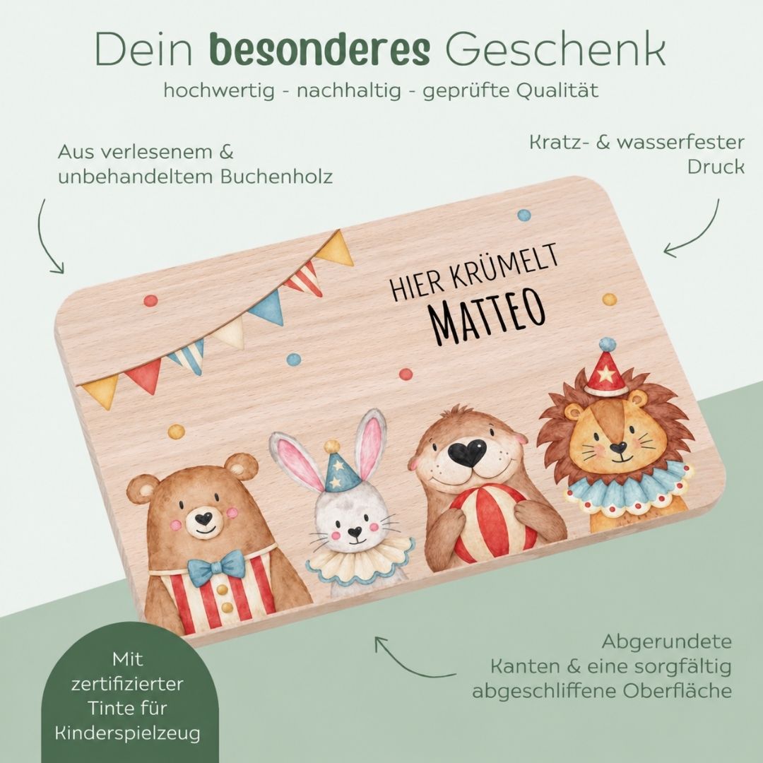 Frühstücksbrettchen personalisiert - Zirkustiere unten Girlande Aquarell - wunderwunsch