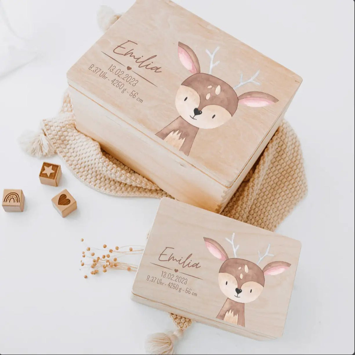 Geschenkset zur Geburt personalisiert — Erinnerungsbox, Nachtlicht & Greifling - wunderwunsch