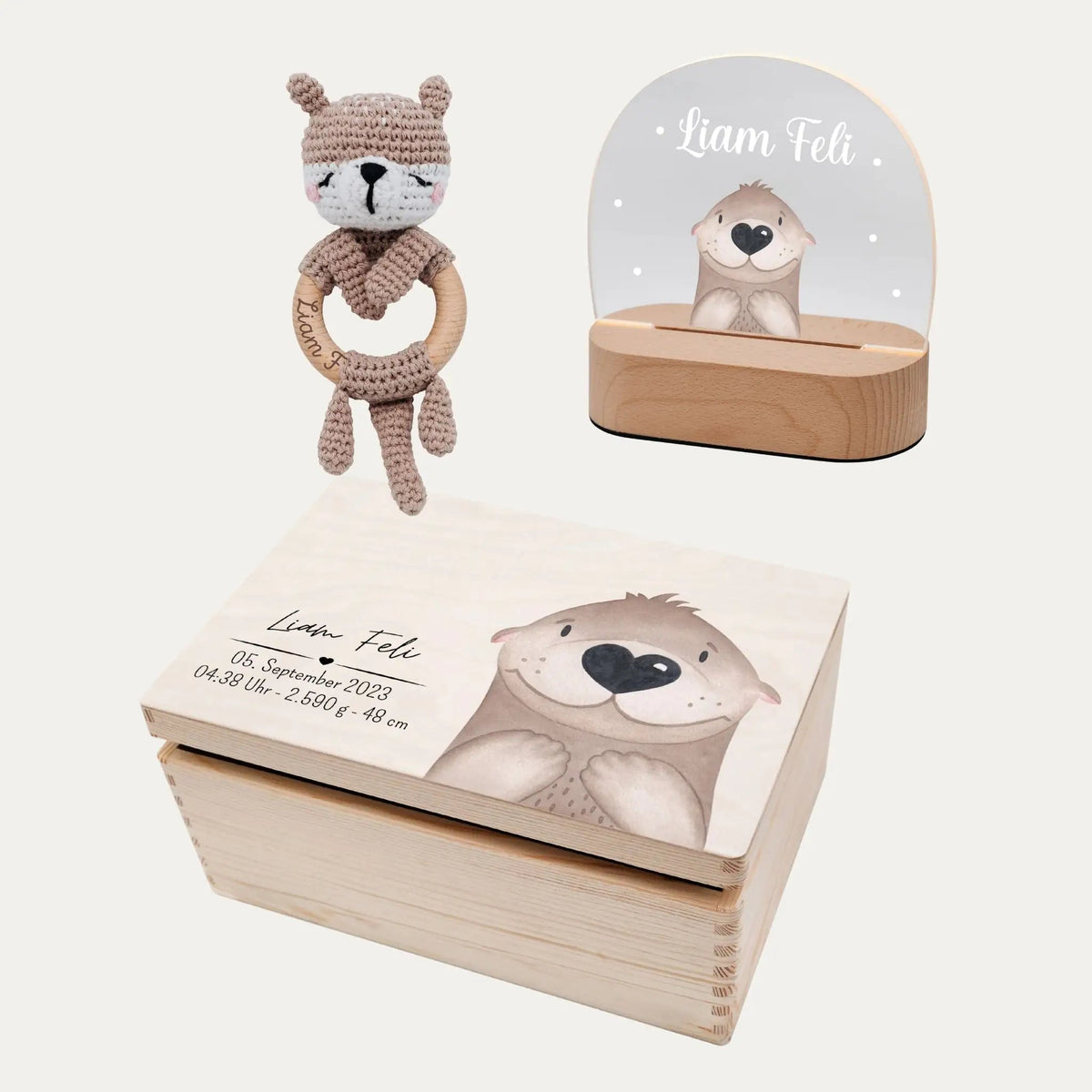 Geschenkset zur Geburt personalisiert — Erinnerungsbox, Nachtlicht & Greifling - wunderwunsch