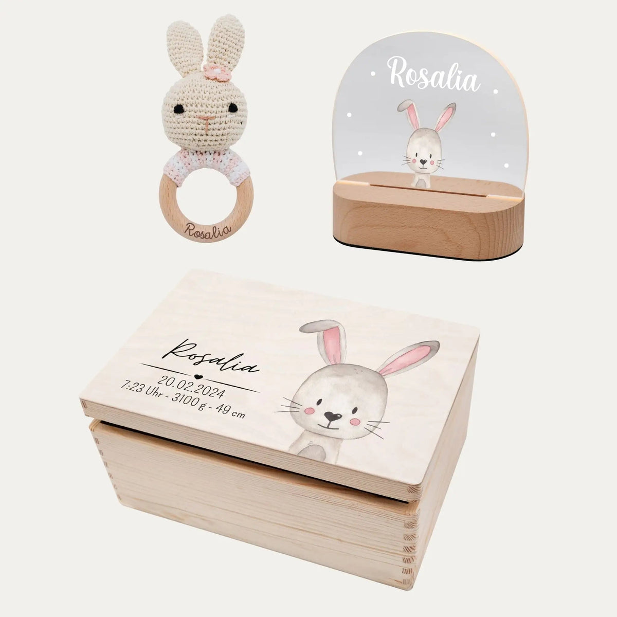 Geschenkset zur Geburt personalisiert — Erinnerungsbox, Nachtlicht & Greifling - wunderwunsch