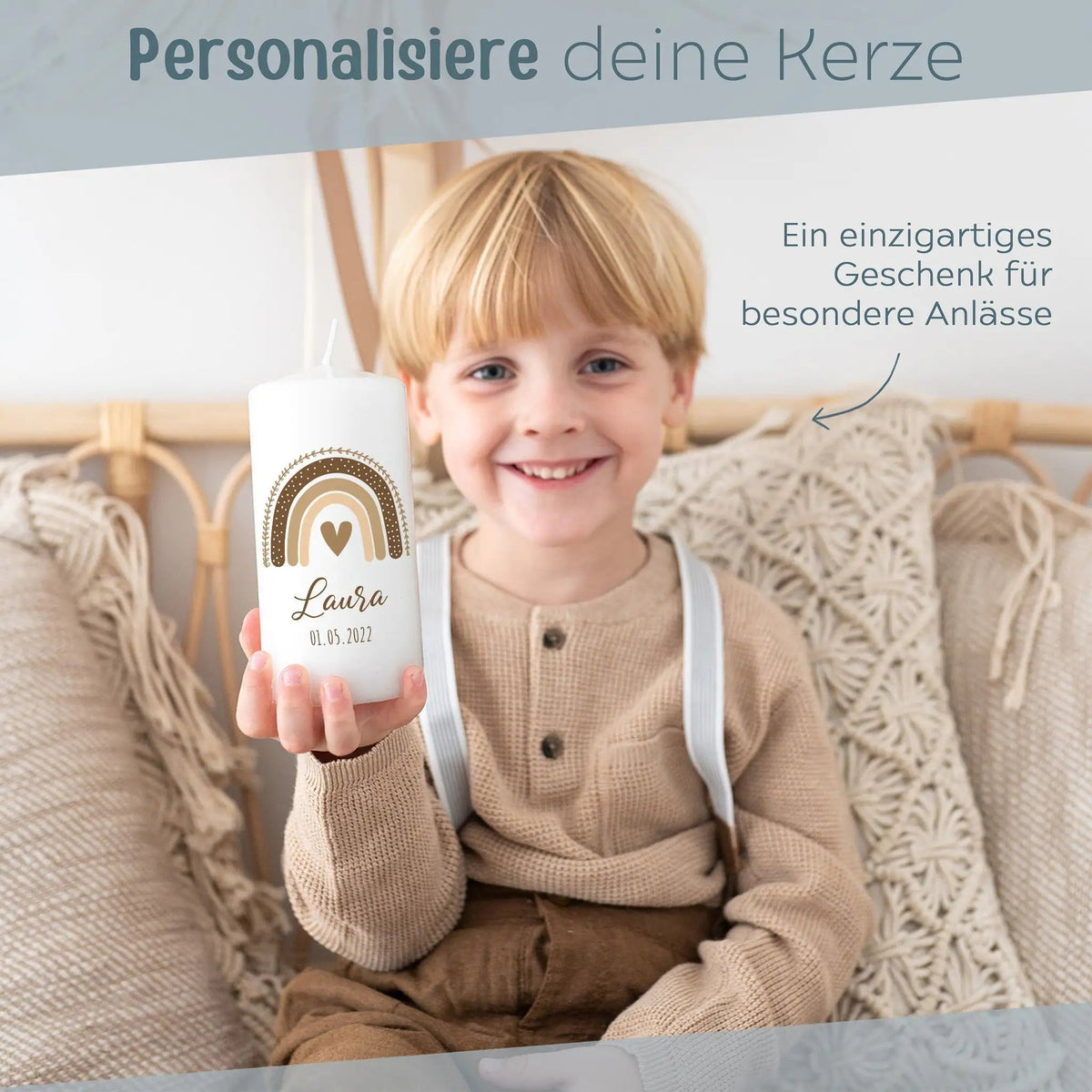 Geburtskerze personalisiert - Regenbogen Boho beige Aquarell - wunderwunsch