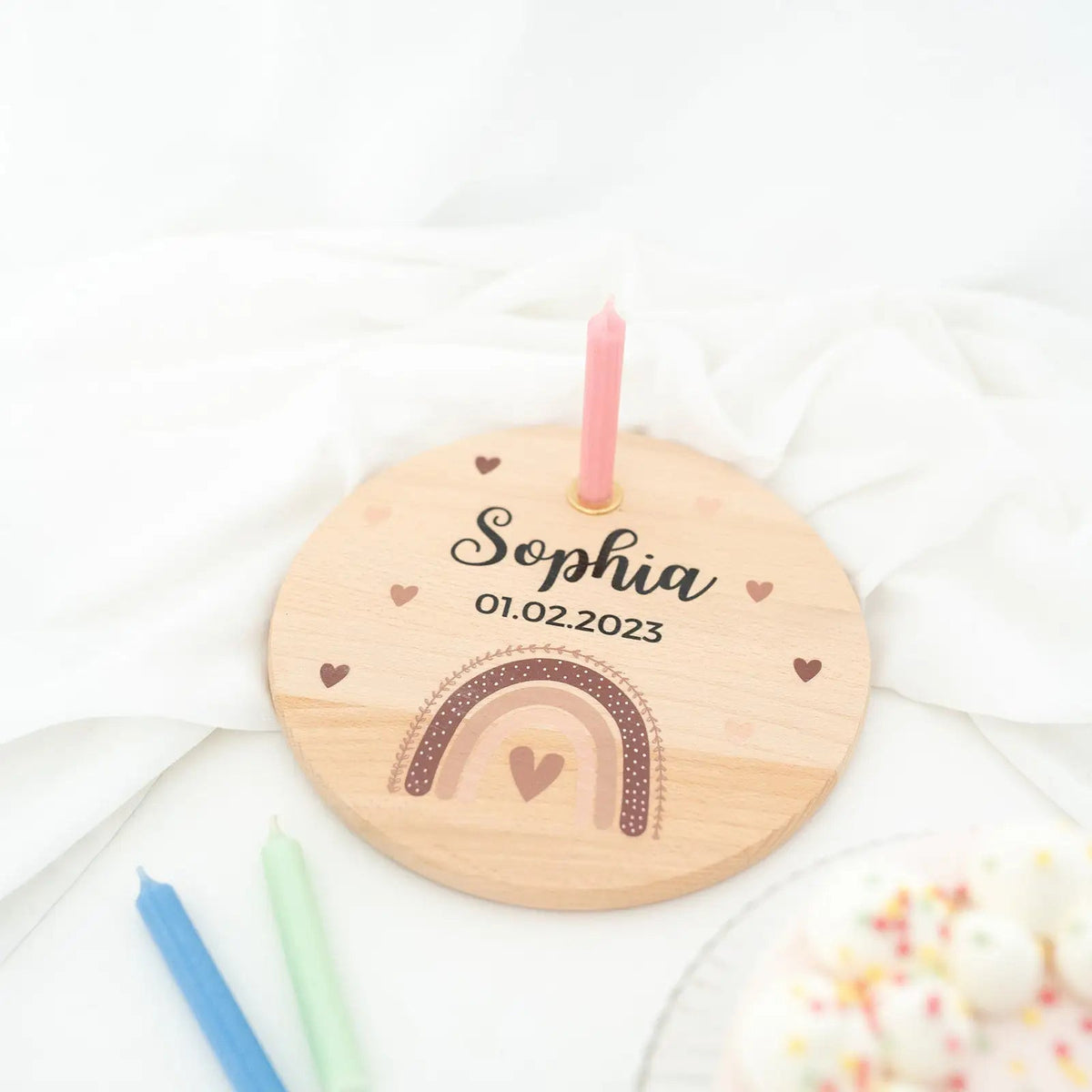 Geburtstagsteller Holz personalisiert - Regenbogen Boho beige Aquarell - wunderwunsch