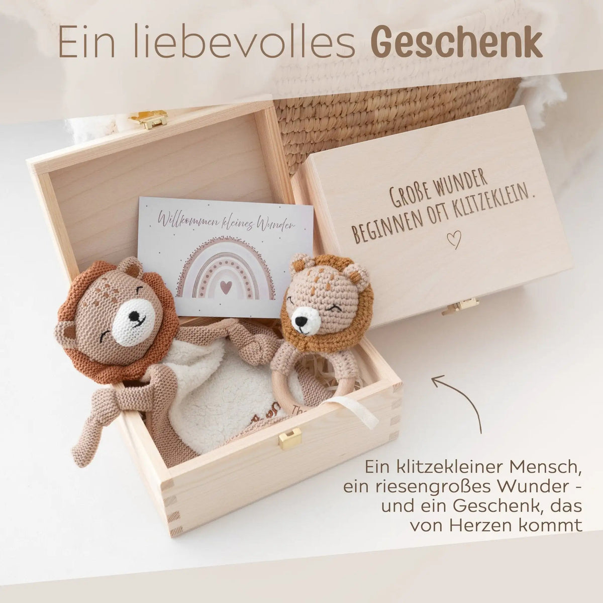 Geschenkbox Geburt - Löwe Greifling + Schmusetuch + Postkarte - wunderwunsch
