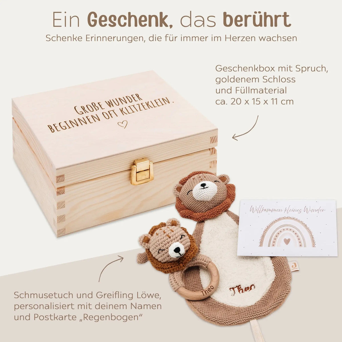 Geschenkbox Geburt - Löwe Greifling + Schmusetuch + Postkarte - wunderwunsch