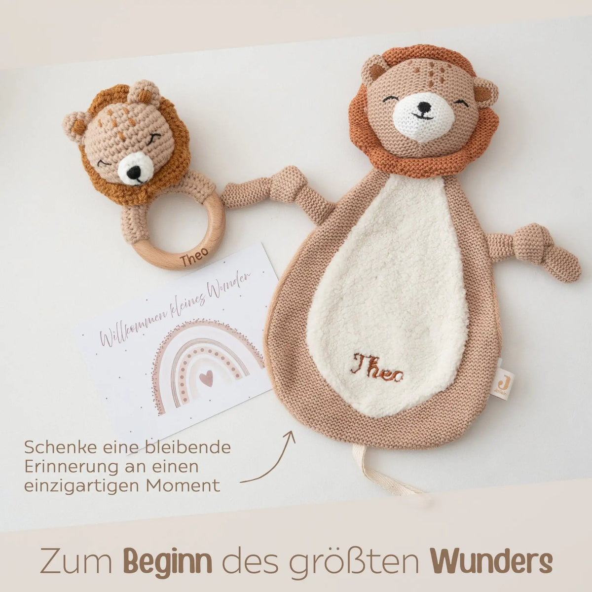Geschenkbox Geburt - Löwe Greifling + Schmusetuch + Postkarte - wunderwunsch