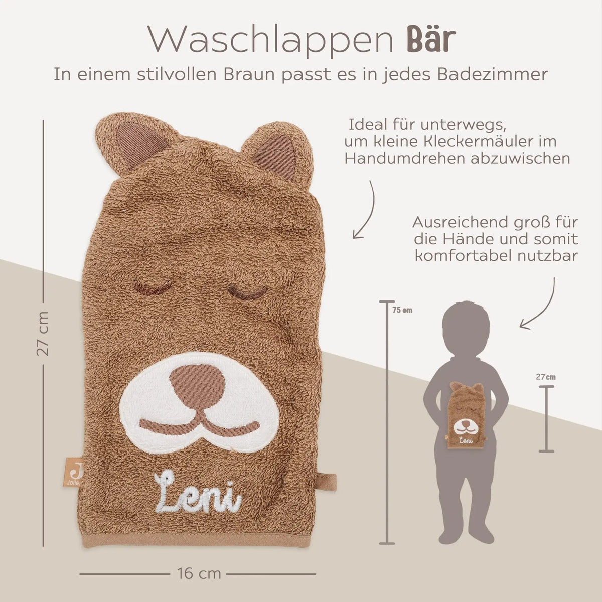 JOLLEIN Baby Waschhandschuh personalisiert - Dino, Bär - wunderwunsch