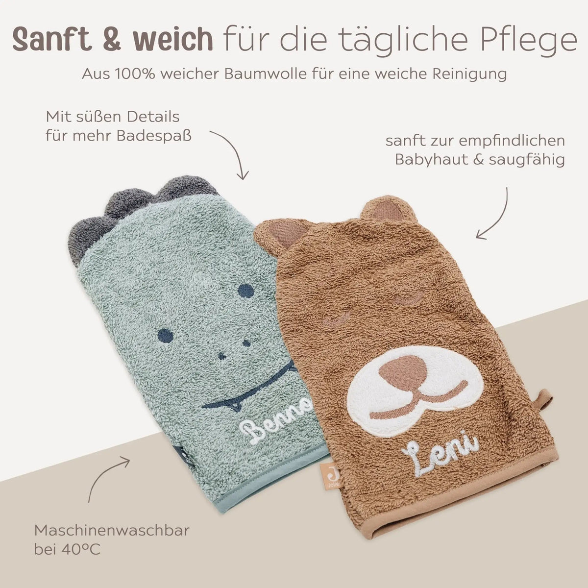 JOLLEIN Baby Waschhandschuh personalisiert - Dino, Bär - wunderwunsch
