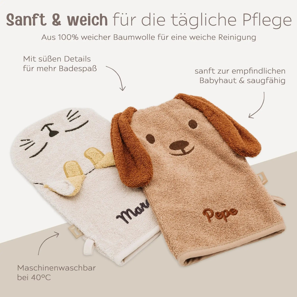JOLLEIN Baby Waschhandschuh personalisiert - Hund, Katze - wunderwunsch