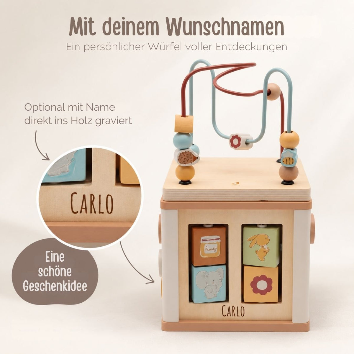 JOLLEIN Motorikwürfel aus Holz personalisiert - Tiere Jollies - wunderwunsch
