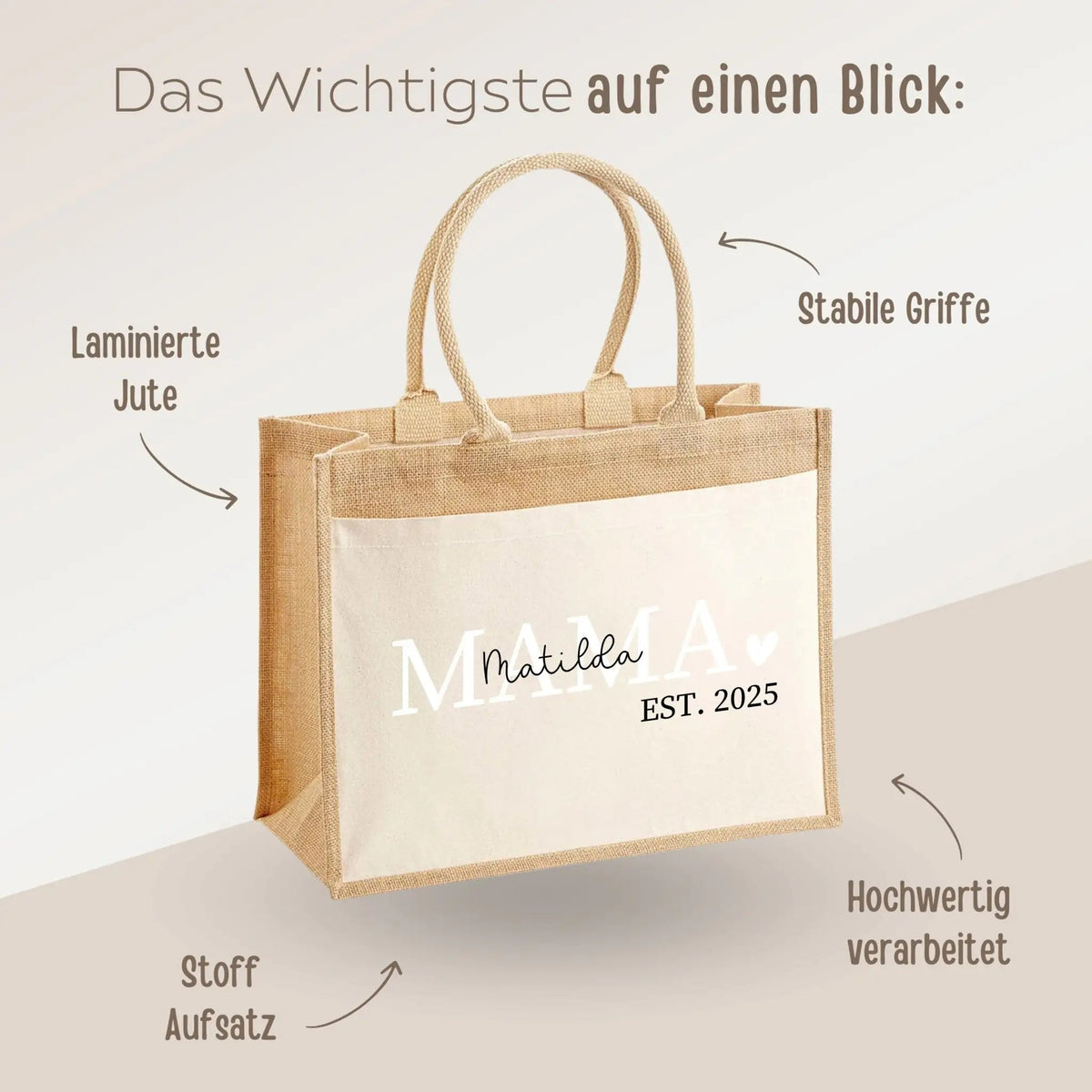 Jutetasche mit Stoffbesatz - Mama est. - wunderwunsch