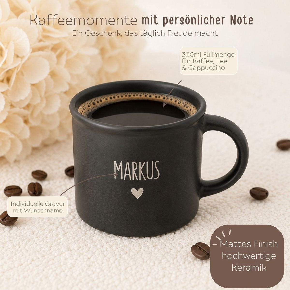 Kaffeetasse Keramik personalisiert 300ml - Name und Herz - wunderwunsch