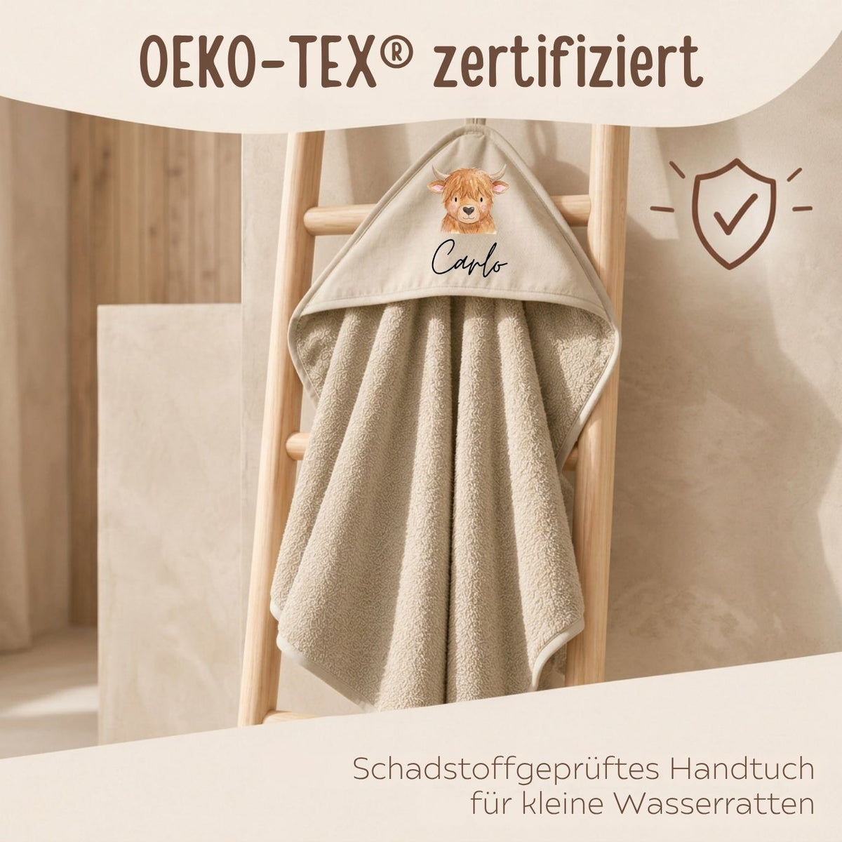 Kapuzenhandtuch aus Baumwolle personalisiert - Tier (geschwungene Schrift) - wunderwunsch