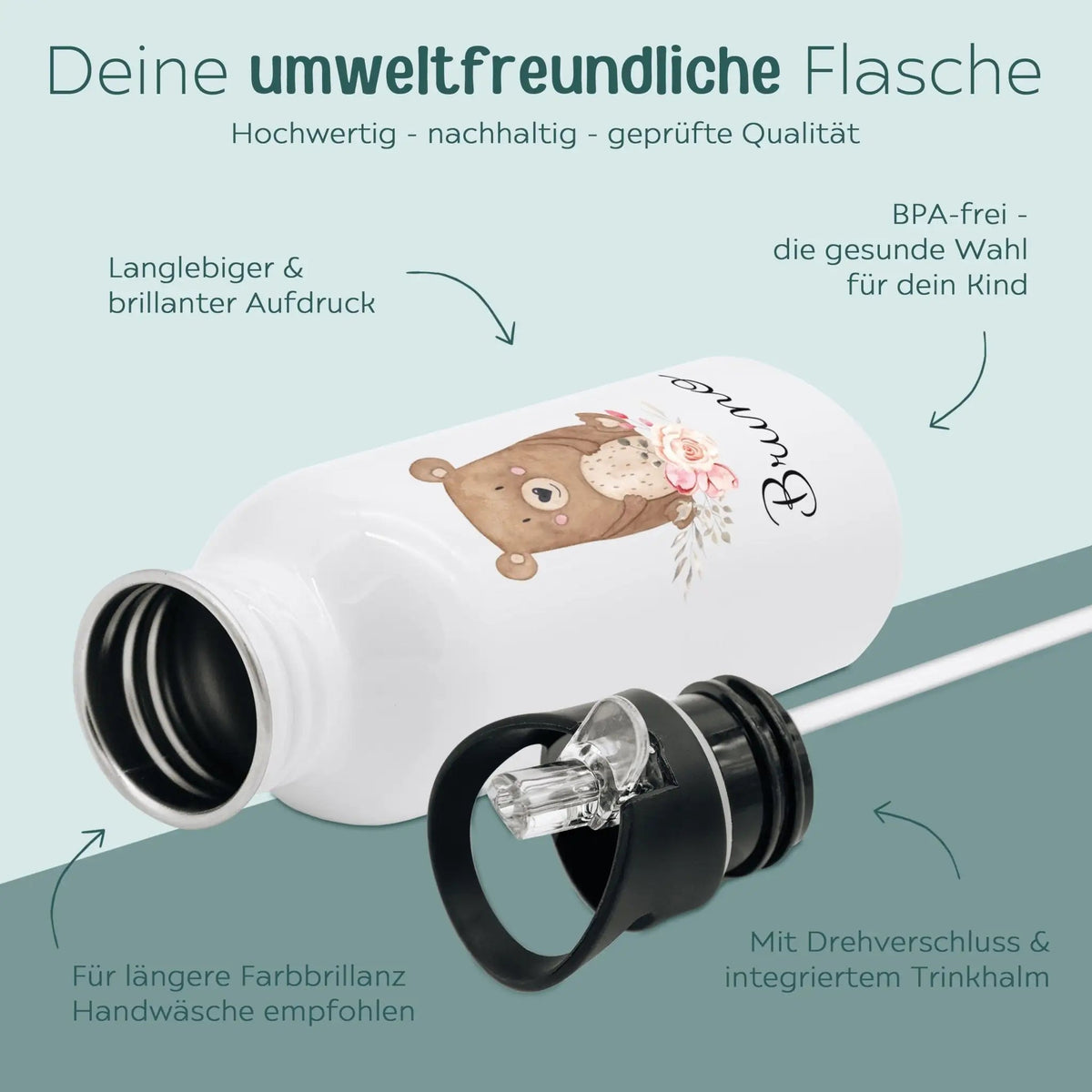 Kinder Trinkflasche weiß mit Trinkhalm personalisiert - Blumen Tier Aquarell - wunderwunsch