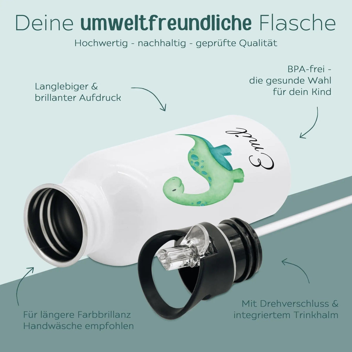 Kinder Trinkflasche weiß mit Trinkhalm personalisiert - Dinosaurier Aquarell - wunderwunsch