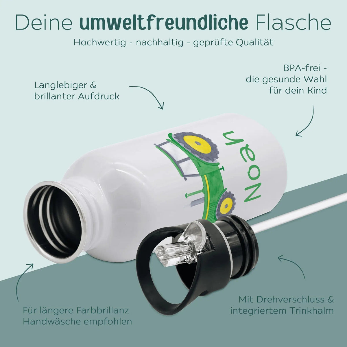 Kinder Trinkflasche weiß mit Trinkhalm personalisiert - Fahrzeug Aquarell - wunderwunsch