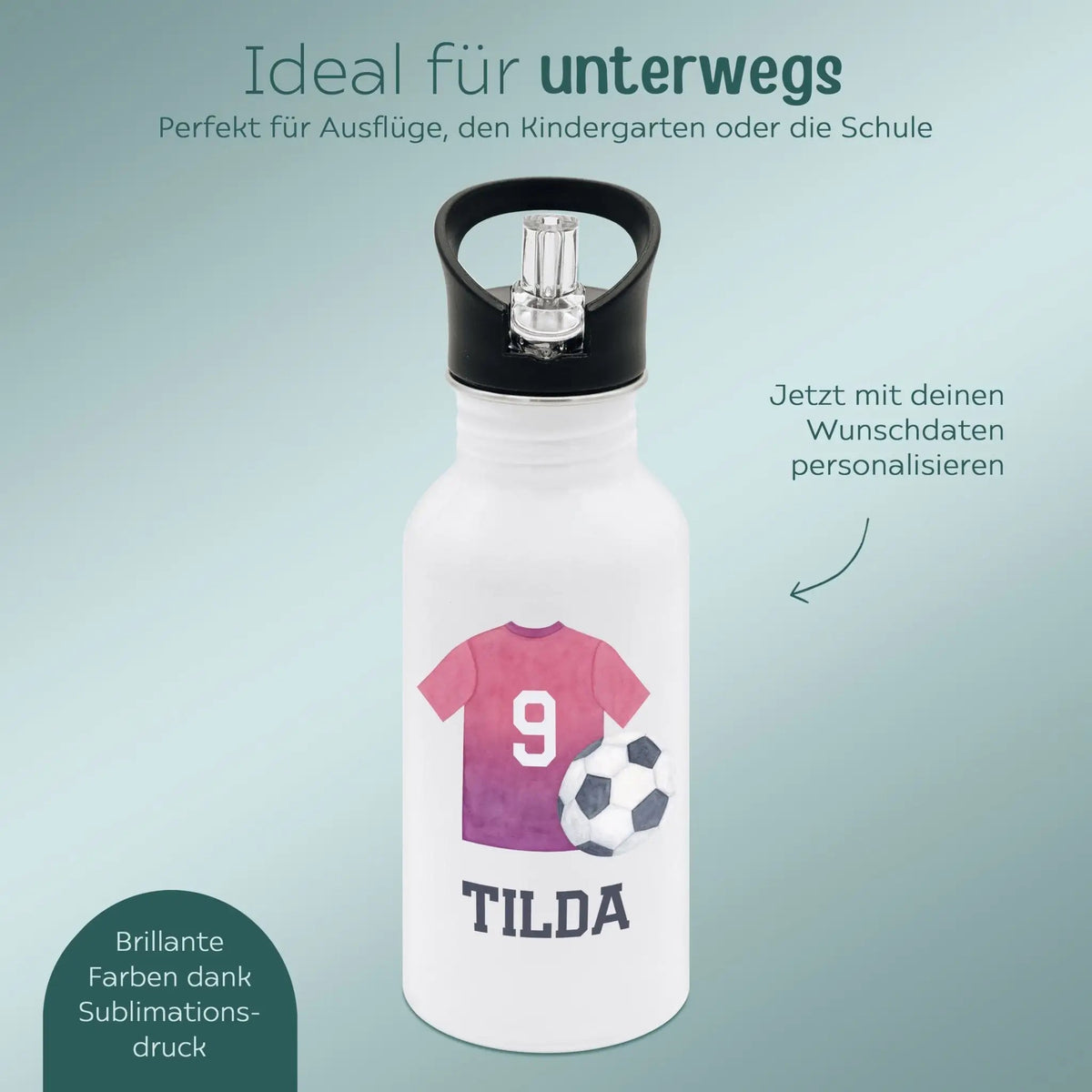 Kinder Trinkflasche weiß mit Trinkhalm personalisiert - Fußball Trikot Aquarell - wunderwunsch