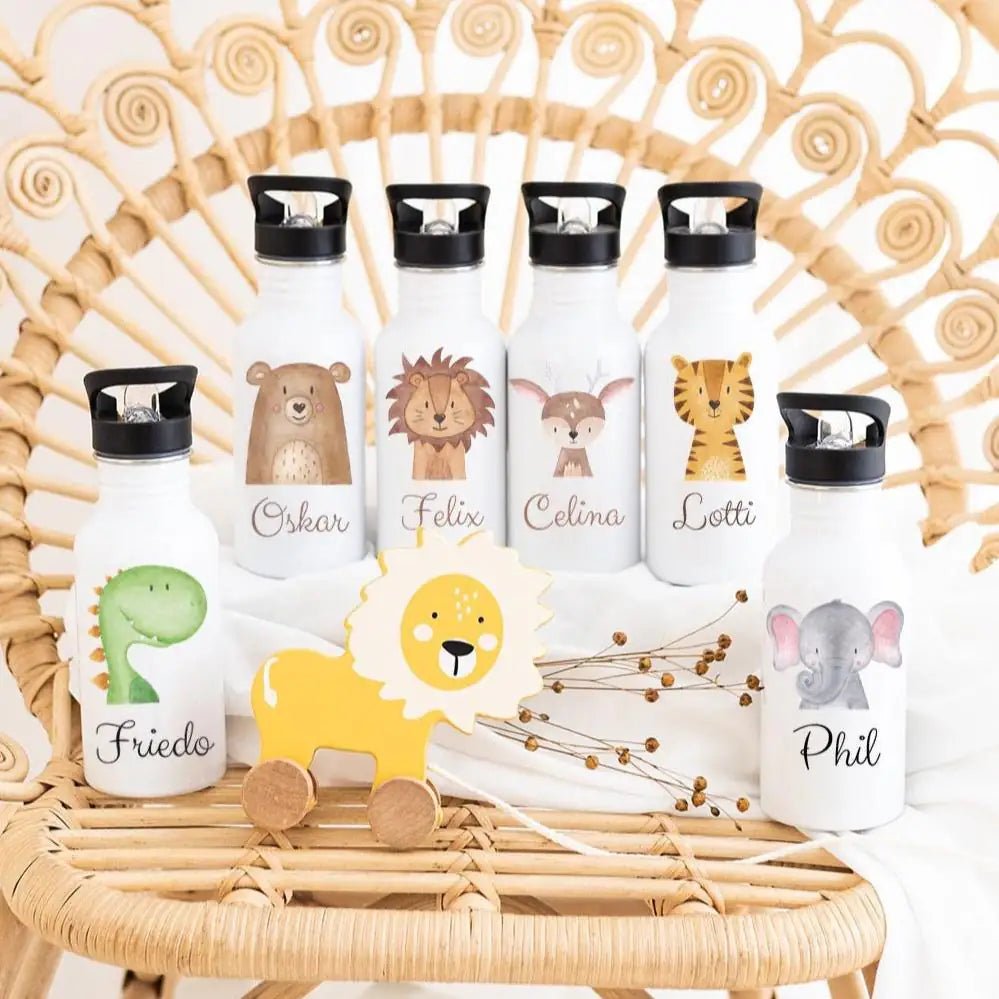 Kinder Trinkflasche weiß mit Trinkhalm personalisiert - Tier Aquarell - wunderwunsch
