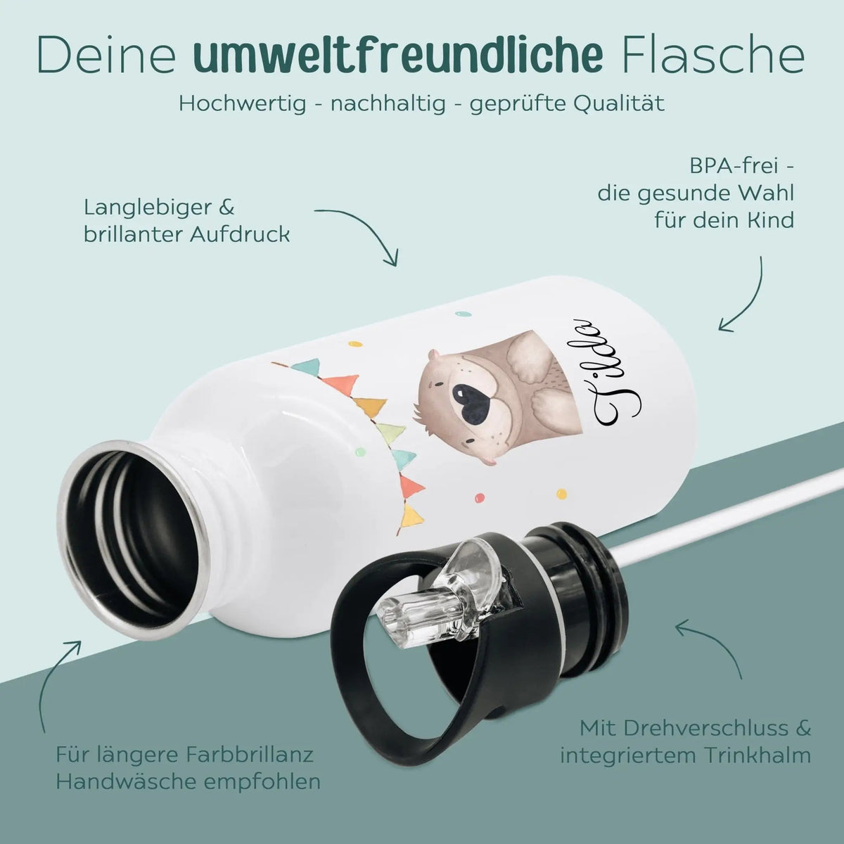 Kinder Trinkflasche weiß mit Trinkhalm personalisiert - Tier Girlande Aquarell - wunderwunsch