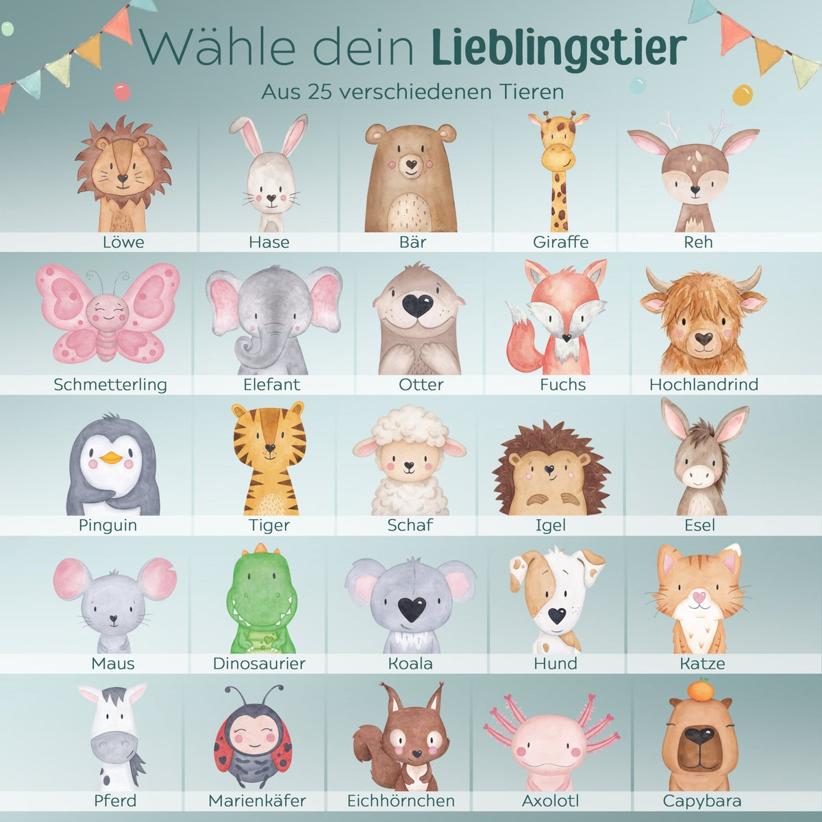 Kinder Trinkflasche weiß mit Trinkhalm personalisiert - Tier Girlande Aquarell - wunderwunsch