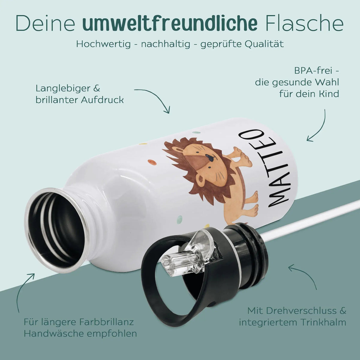 Kinder Trinkflasche weiß mit Trinkhalm personalisiert - Tier Punkte Aquarell - wunderwunsch