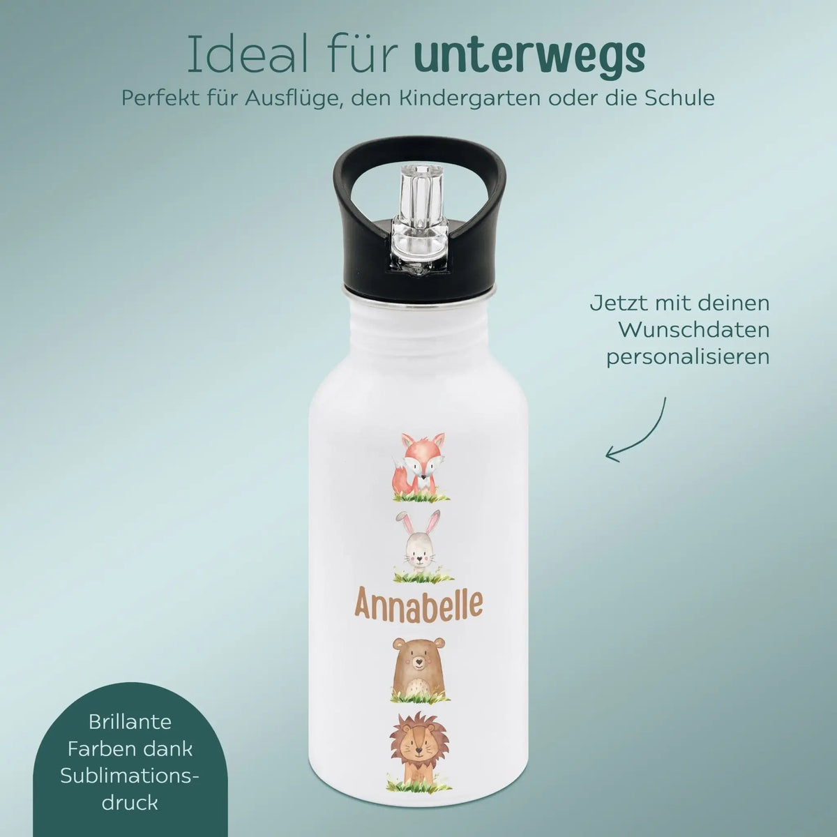 Kinder Trinkflasche weiß mit Trinkhalm personalisiert - Waldtiere untereinander Aquarell - wunderwunsch