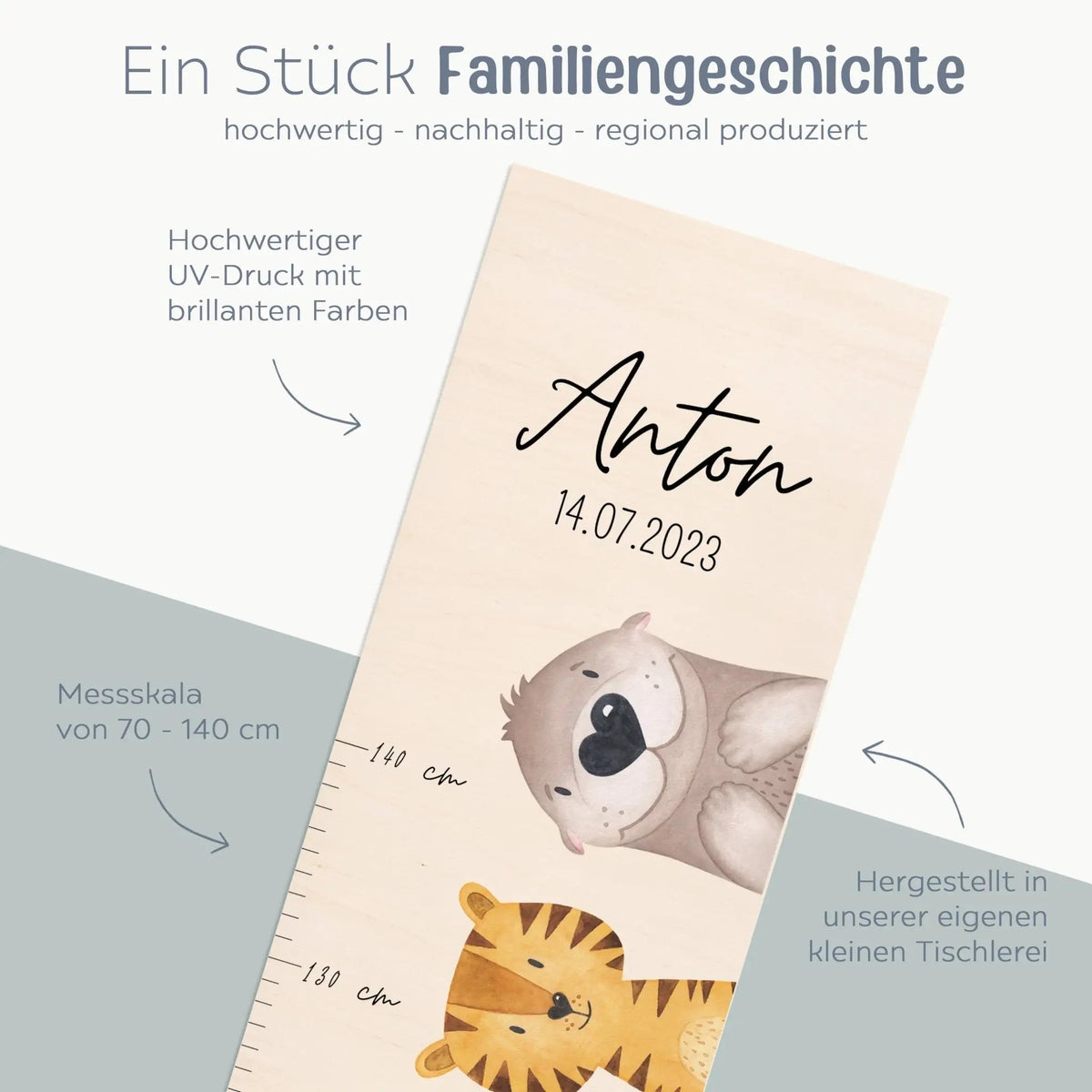 Kindermesslatte Holz personalisiert - Tiere seitlich nebeneinander Aquarell - wunderwunsch