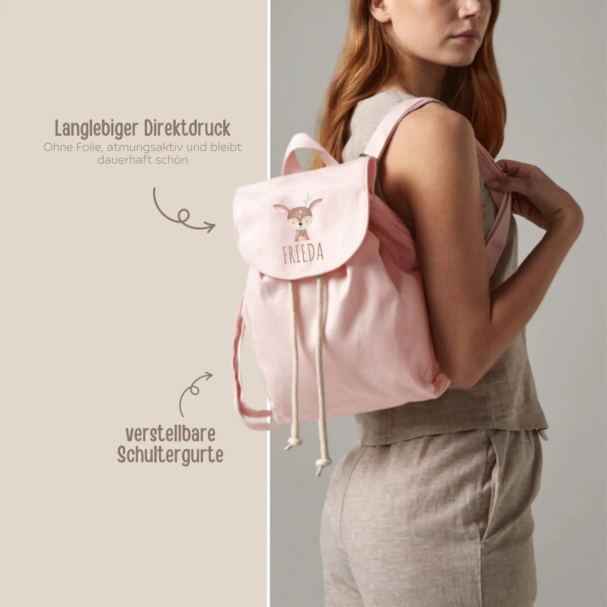 Kinderrucksack "Tier" (gerade Schrift) aus GOTS-zertifizierter Bio-Baumwolle personalisiert - wunderwunsch